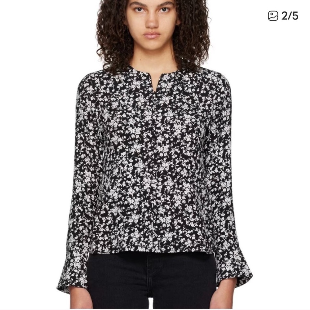 GANNI Black and White Floral Quarter Zip Long Sleeve Blouse Size 32/US0